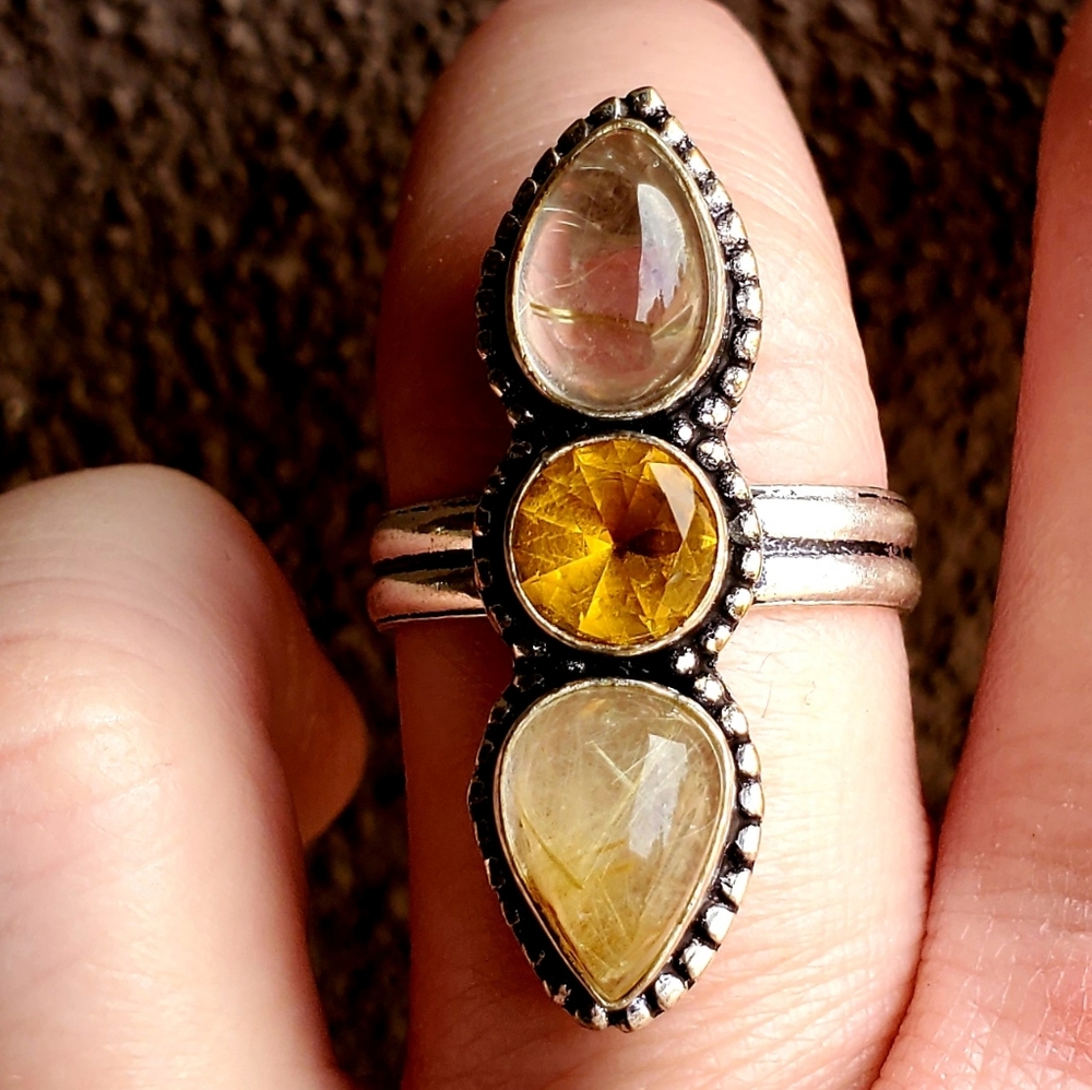 New Golden Rutile and Citrine 925 Silver Ring.